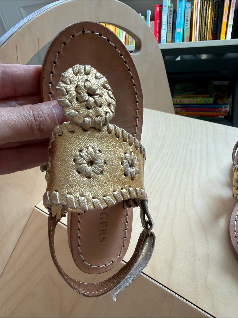 Jack Rogers Gold Leather Floral T-Strap Sandals - Kids